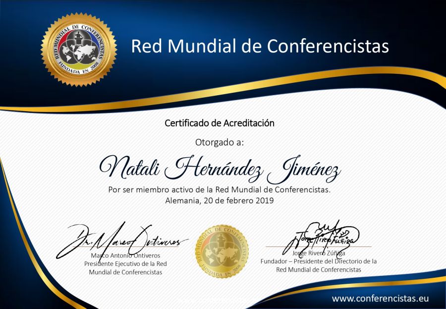 Certificado de Acreditación a la Red Mundial de Conferencistas de Natali Hernández